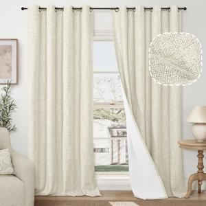 60 Inch Wide Linen Blackout Curtains for Living Room/Bedroom 84 Inch Length 2 Panels, Total Black Out Thermal Insulated Soundproof Grommet Boho Window Drapes White Liner for Modern Farmhouse, Natural