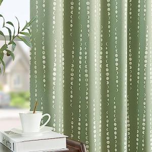 jinchan 95% Blackout Bohemian Moon Phase Print Bedroom Curtains 84 inch Long sage Green Pole Pocket Rear tab Thermal Curtains for Nursery Set 2 Panels
