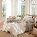 MooMee Bedding Sheet Set 100% Washed Cotton Linen Like Textured Breathable Durable Soft Comfy (Heathered Tannish Linen Grey, Queen)