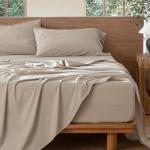 MooMee Bedding Sheet Set 100% Washed Cotton Linen Like Textured Breathable Durable Soft Comfy (Heathered Tannish Linen Grey, Queen)