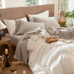 MooMee Bedding Sheet Set 100% Washed Cotton Linen Like Textured Breathable Durable Soft Comfy (Heathered Tannish Linen Grey, Queen)