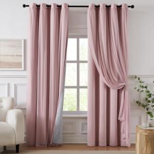 Swandream 100% Blackout Curtains for Bedroom, Double Layer Pink Curtains, Black Out Curtain 96 inch Long with Sheer Overlay for Living Room, Room Darkening Window Drapes with Grommet, 52" W x 96" L