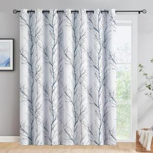 FMFUNCTEX 100% Blackout Patio Sliding Glass Door Curtains 84 Inch Long for Bedroom, Blue Grey on White Tree Branch Patterned Drapes for Living Room Divider, Extra Wide Thermal Insulated Panels