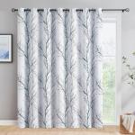 FMFUNCTEX 100% Blackout Patio Sliding Glass Door Curtains 84 Inch Long for Bedroom, Blue Grey on White Tree Branch Patterned Drapes for Living Room Divider, Extra Wide Thermal Insulated Panels