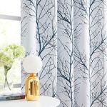 FMFUNCTEX 100% Blackout Patio Sliding Glass Door Curtains 84 Inch Long for Bedroom, Blue Grey on White Tree Branch Patterned Drapes for Living Room Divider, Extra Wide Thermal Insulated Panels