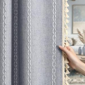 XOGUIBO Blue Boho Blackout Curtains 2 Panels 84 Inch for Living Room Bedroom, Linen Texture Farmhouse Curtains with Tassels and White Cotton Embroidery Vintage Rustic Country Western