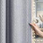 XOGUIBO Blue Boho Blackout Curtains 2 Panels 84 Inch for Living Room Bedroom, Linen Texture Farmhouse Curtains with Tassels and White Cotton Embroidery Vintage Rustic Country Western