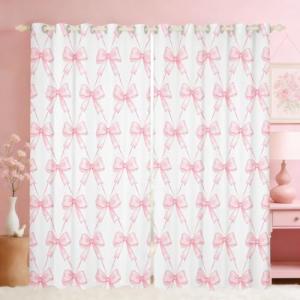Feelyou Bow Room Darkening Blackout Curtain Boys Girls (2 Panels, 42 x 84 Inch) Pink Girls Bow Curtains for Bedroom Living Room Cute Bowknot Blackout Curtains Kawaii Window Treatments