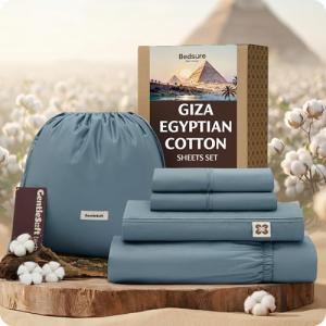 Bedsure 100% Giza Egyptian Cotton Sheets King Size - CEA Certified Silky Luxury Hotel Sheets 18" Deep Pocket with Corner Straps, PureWoven Soft & Beathable Sateen Weave Bedsheets (Dusty Blue,King)