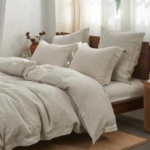 Simple&Opulence 100% Washed Linen Duvet Cover Set with Embroidered,3 Pieces Soft Farmhouse Comforter Set with Button Closure,1 Duvet Cover and 2 Pillowshams(King,Natural Linen)