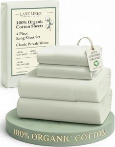 LANE LINEN 100% Organic Cotton King Bed Sheet Set, Bedsheets 4Pc Soft Cooling Fully Elasticized Mercerised All Season Sustainably Produced Cotton Sheets King Size, Oeko Tex Sheets - Mineral