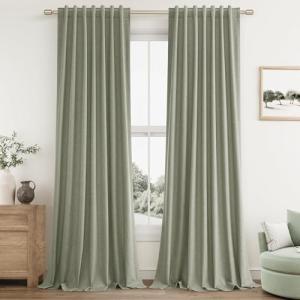 Sage Green 100% Blackout Linen Curtains 84 Inch Length 2 Panels Set for Living Room Bedroom Back Tab Thermal Insulated Black Out Drapes Room Darkening Farmhouse Style for Bedroom Window Curtains