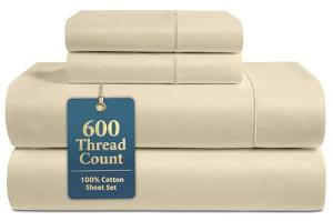 LANE LINEN King Size Bed Sheet Set – 600 Thread Count Long-Staple 100% Cotton Sheet Set King Size, Hotel Premium Soft Silky Sateen Finish, Durable Bedding Set, Elasticised 15" Deep Pocket – Linen