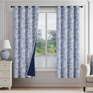 FMFUNCTEX 100% Blackout Floral Curtains for Bedroom, Blue Curtains 63 inch Length Blossom Flower Patterned for Living Room, Thermal Insulated Farmhouse Drapes, Grommet Top 2 Panels (White on Blue)