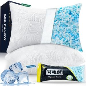 BETU Cooling Pillows Queen Size Set of 2, Shredded Memory Foam Pillows Cool for Hot Sleepers, Adjustable Firm Soft Support Bed Pillows Perfect for Back Neck Pain and Side Sleeping with Cover, White