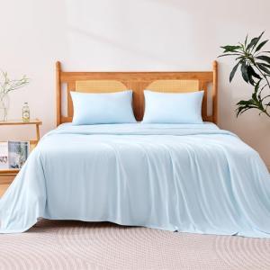 Amazon Basics Cooling Sheets, 4 Piece 100% Recycled Polyester Bed Sheet Set for Hot Sleepers, Breathable, 15-Inch Deep Pocket, Queen, Blue