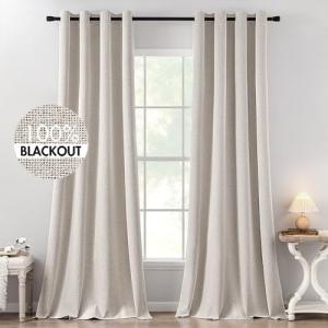 MIULEE 100% Blackout Linen Textured Curtains for Bedroom Solid Thermal Insulated Ivory Grommet Room Darkening Curtains & Drapes Luxury Decor for Living Room Nursery 52 x 102 Inch (2 Panels)