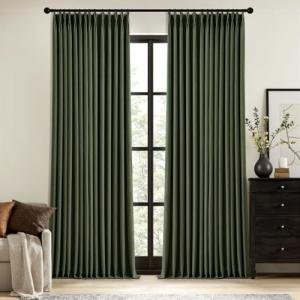 MIULEE Olive Green Pinch Pleated 100% Blackout Linen Curtains for Bedroom, Room Darkening Memory Trained Dark Green Window Curtains 84 inches Long for Living Room, Black Out Pleat Drapes, 2 Panels