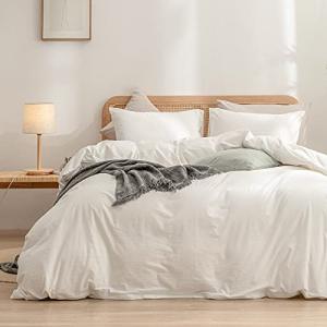 BESTOUCH Duvet Cover Set 100% Washed Cotton Linen Feel Super Soft Comfortable Chic Lightweight 3 PCs Home Bedding Set Solid Off White Queen