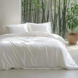 Bedsure 100% Viscose Derived from Bamboo Duvet Cover Queen Size - Lightweight Silky Cooling Comforter Cover Set for Hot Sleepers, PureWoven Breathable & Moisture-Wicking Bedding Set, Pure White