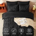 HIMEET Queen Comforter Set 7 Pieces Bed in A Bag Black Luxury Soft Queen Size Bed Set Pintuck Pinch Pleat Bedding Sets with Comforter, Flat Sheet, Fitted Sheet and Pillowcases & Shams