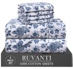 RUVANTI 6 Pcs Cotton Sheets - 100% Natural Cotton Soft, Lightweight & Breathable Crispy Percale Bed Sheets, Queen Sheet Set 16" Deep Pockets, Wild Flower