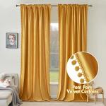 MIULEE Mustard Yellow Pom Pom Velvet Curtains for Fall Bedroom/Living Room Darkening Thermal Insulating 84 Inches Long Blackout Curtains with Rod Pocket for Kid Room/Nursery/Home Theater Set of 2
