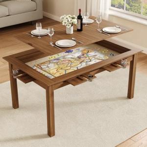NDOHCUO Board Game Table with Removable Top, 63" Dining/Gaming Table for 4-6 Players with 53in x 31.5in Play Area, Includes 6 Cup Holders & Trays, Rustic Brown (Game Mat Not Included)