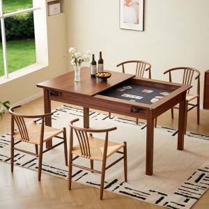 OQSC 2-in-1 Board Game Table with Removable Top, Dining & Gmaing Table for 4~6 Players with Non-Slip Play Mat, Rotating Cup Holders, Solid Wood Legs for Poker, Puzzle, Board Game， Rustic Brown