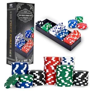 Sunny Days Entertainment Elbow Room Games 100-Piece Poker Chip Set with Tray – Casino Style Plastic Chips for Texas Hold'em, Blackjack & Home Game Nights
