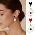 Clofiak 1Pair Queen of Hearts Earrings, Asymmetric Red Heart Queen Poker Earring, Poker Clock Dangle Earrings, Red Tassel Earrings, Costume Accessories for Women