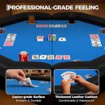 GarveeHome 48" Poker Table Foldable, 8-Player Casino Table with Padded Rails, Stainless Steel Cup Holders ＆ Folding Metal Legs, Octagon Poker Card Board Game Table for Family Game Casino, Blue