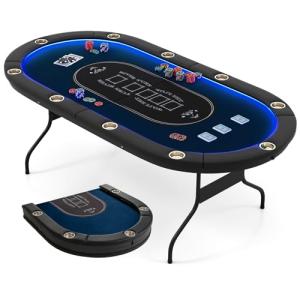 Goplus 84" Foldable Poker Table with LED Lights, 10 Players Card Board Game Table w/Casino Grade Felt, Steel Cup Holder, Padded Rails, for Texas Hold'em, Blackjack, No Assembly Required (Blue)