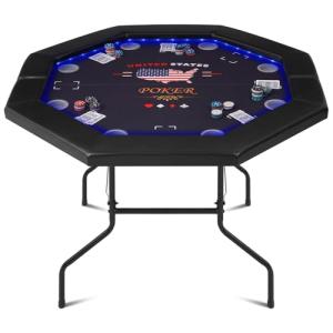 REAHOISY Foldable Poker Table with LED Lights, Octagon Casino Leisure Texas Holdem Table for 8 Player, Folding Blackjack Table w/Built-in LED Light, Padded Rails & Cup Holders for Home Game Room