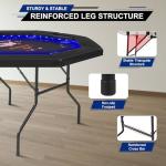 REAHOISY Foldable Poker Table with LED Lights, Octagon Casino Leisure Texas Holdem Table for 8 Player, Folding Blackjack Table w/Built-in LED Light, Padded Rails & Cup Holders for Home Game Room