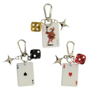 YcaeyLnaR Poker Theme 3-Piece Keychain Set - Ace of Spades, Ace of Hearts, Joker with Four-Pointed Star and Dice Charms, Lucky Bag and Purse Accessories for Women and Men