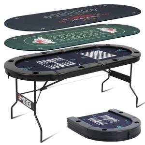 RAYKEEP 4-in-1 Poker Table Foldable, 8 Player Folding Poker Table w/Interchangeable Texas Holdem/Blackjack Game Mat & Built-in Chess/Backgammon Board, Portable Game Table for Home Party（72inch
