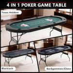 RAYKEEP 4-in-1 Poker Table Foldable, 8 Player Folding Poker Table w/Interchangeable Texas Holdem/Blackjack Game Mat & Built-in Chess/Backgammon Board, Portable Game Table for Home Party（72inch