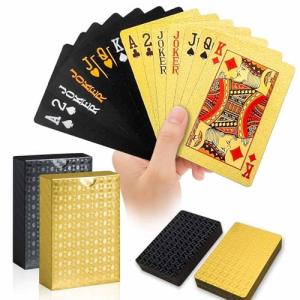 JWENUPDE 2 Pack Waterproof Plastic Playing Cards, Gold & Black Diamond Texture Luxury Deck of Cards, Waterproof Poker Cards for Pool Beach Party, Ideal for Blackjack, Tarot, Canasta Card Games
