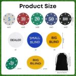 PrreDeACCE 200PCS Poker Chips Set with Portable Storage Bag Casino Poker Chips Denominations Plastic Learning Counters Disks for Texas Holdem Blackjack Poker Night Party
