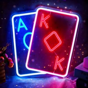 Poker Neon Sign for Wall Decor, Casino LED Night for Las Vegas Party, Poker Room, Bedroom, Man Cave, Dimmable USB Power Red Blue (14.1"x13" IN)