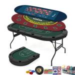 8 Player Foldable Poker Table Top - 4-in-1 Casino Game Set for Texas Hold'em, Blackjack, Craps & Roulette, Portable Folding Table Mat with Cup Holders & Full Props for Home Party, Game Night