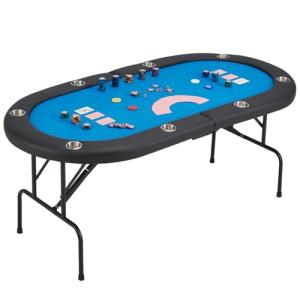 ECOTOUGE Foldable Poker Table, 8 Players Poker Gaming Table w/Stainless Steel Cup Holder & Portable Storage Bag, Folding Oval Texas Holdem Table for Blackjack, Casino Game, Fully Assembled, Blue