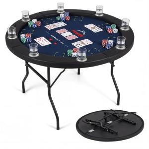 Goplus 48" Poker Table Foldable, 8 Player Round Casino Leisure Texas Holdem Game Table with Metal Legs, 8 Cup Holders, Indoor Folding Card Gaming Table for Blackjack & Club, Family Games (Blue)
