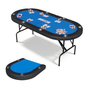 8 Player Oval Poker Table, 72" Foldable Card Table with Storage Bag, Professional Casino Grade Felt & Deep Metal Cup Holders - Portable Folding Game Tables for Texas Holdem, Blackjack, Blue