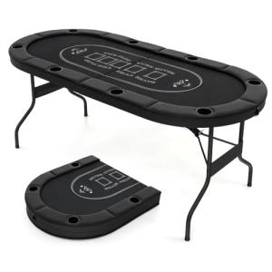 Giantex 8 Player Poker Table Foldable, 72" Portable Folding Texas Holdem Poker Tables w/Padded Rails, Cup Holders, Casino Grade Felt Surface, Oval Card Game Poker Table for Game Room (Black)
