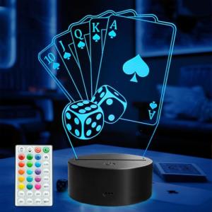 POSSHE Poker Night Light, 3D Illusion Lamp with 16 Colors Changing, Timer, 4 Flash Modes and Dimmable, Poker Cards Decor Playing Cards Dice for Casino Decorations, Man Cave Lights Poker Accessories