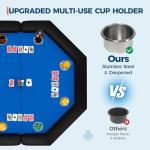 PeakPursuit 8-Player Foldable Poker Table, Protable Blackjack Texas Holdem Table with Padded Rails ＆ Stainless Steel Cup Holders, Octagon Casino Table for Blackjack, Family Games, Club (Blue)