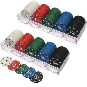 IXIGER Poker Chips Set(200pcs),Poker Chips with Denominations,Plastic Learning Counters Disks and Learning Math Counting Chips, 2PCS Counter chip Holder Game Night Party Supplies