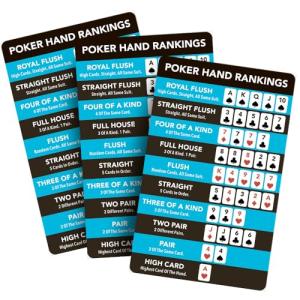 Poker Hand Ranking Card (3 Pack) Texas Hold’em Cheat Sheet for Beginners & Pros – Quick Reference Guide to Poker Hands, Odds & Rankings – Casino, Tournament & Home Game Accessory (Plastic)
